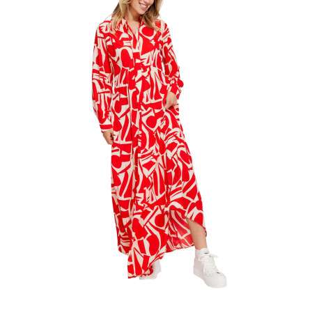 Robe longue rouge imprimée coupe droite col mao boutonné et à manches longues - Image 3