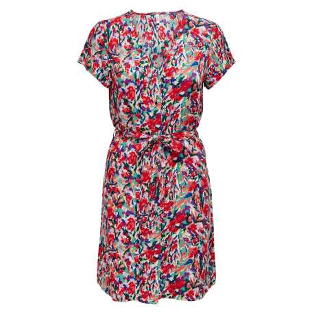 Robe courte rouge imprimée coupe droite col v et à manches courtes