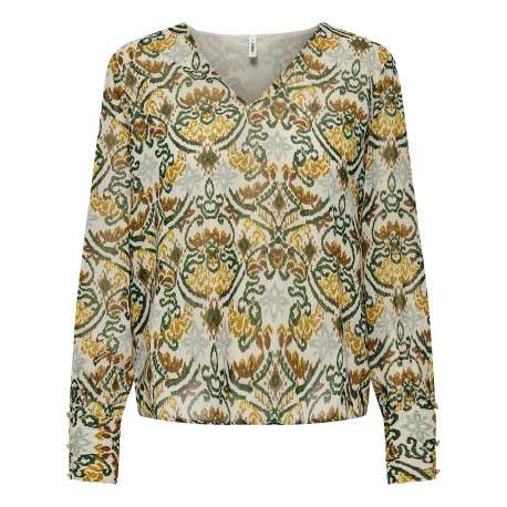 Blouse kaki imprimée coupe droite col v avec manches longues