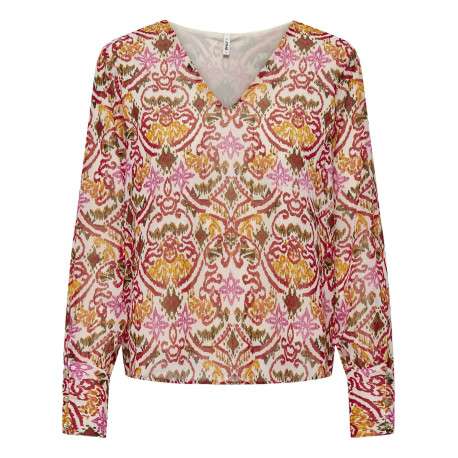 Blouse rouge imprimée coupe droite col v et à manches longues