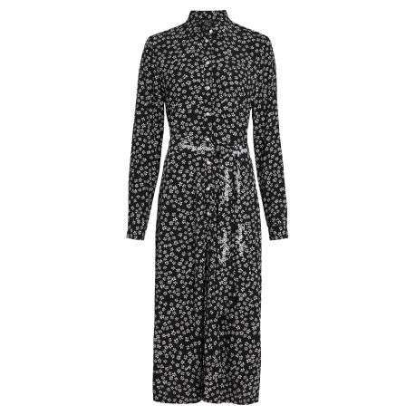 Robe longue noire fleurie coupe cintrée col français et à manches longues