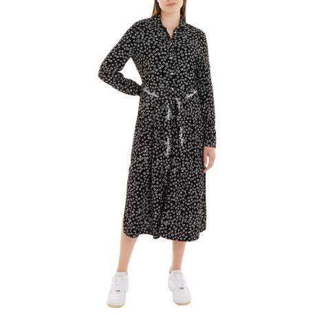 Robe longue noire fleurie coupe cintrée col français et à manches longues - Image 3