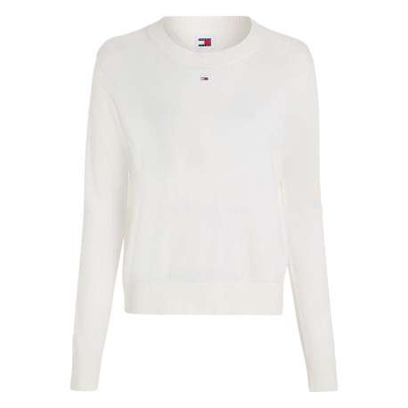 Pull écru uni coupe droite avec un col rond et logo de la marque poitrine