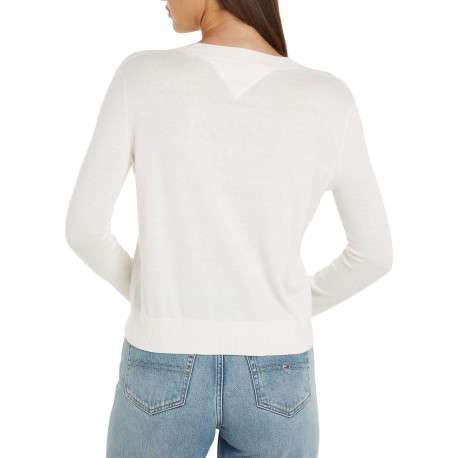 Pull écru uni coupe droite avec un col rond et logo de la marque poitrine - Image 3