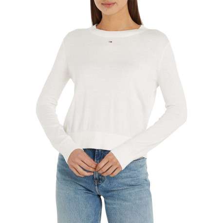 Pull écru uni coupe droite avec un col rond et logo de la marque poitrine - Image 4