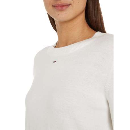 Pull écru uni coupe droite avec un col rond et logo de la marque poitrine - Image 5