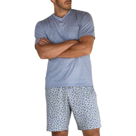 Pyjama court en coton bleu uni avec imprimé fleuri sur le bas - Image 3