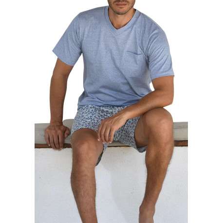 Pyjama court en coton bleu uni avec imprimé fleuri sur le bas - Image 4