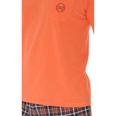 Pyjama court en coton orange avec un bas à carreaux et une coupe fermée - Image 3