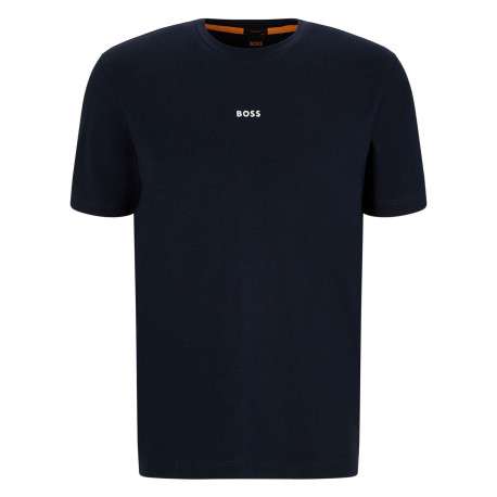 T-shirt en coton marine uni coupe droite avec un col rond et surpiqûres - Image 4