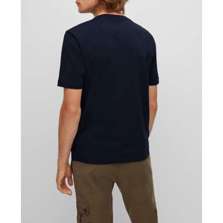 T-shirt en coton marine uni coupe droite avec un col rond et surpiqûres - Image 5