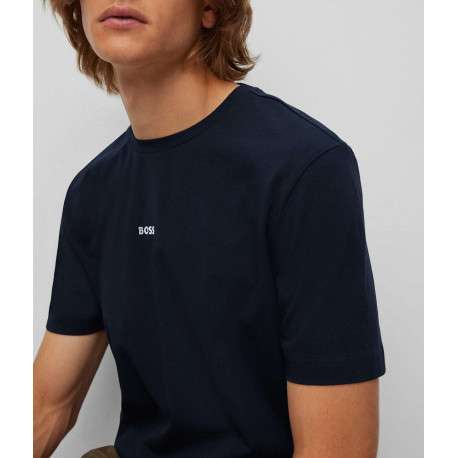 T-shirt en coton marine uni coupe droite avec un col rond et surpiqûres - Image 6