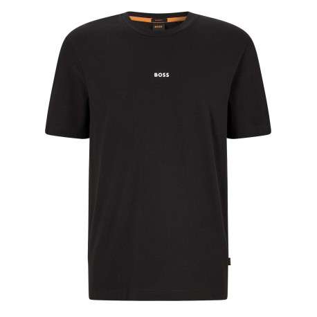 T-shirt en coton noir uni coupe droite avec un col rond et liseré orange - Image 4