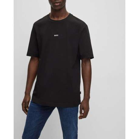 T-shirt en coton noir uni coupe droite avec un col rond et liseré orange - Image 5