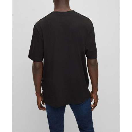T-shirt en coton noir uni coupe droite avec un col rond et liseré orange - Image 6