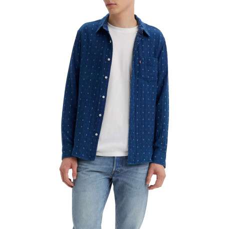 Chemise en coton bleue imprimé avec une coupe regular fit et un col français
