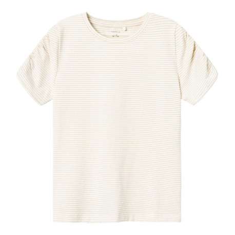 T-shirt en coton blanc avec des rayures horizontales et un col rond