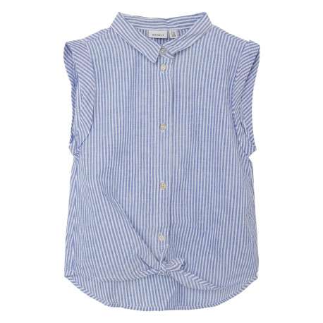 Chemisier en coton bleu rayé avec une coupe droite et un col italien