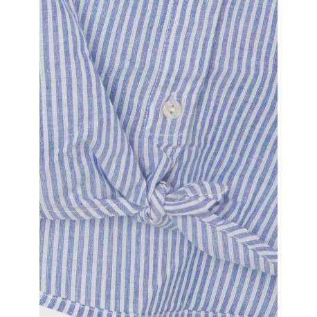 Chemisier en coton bleu rayé avec une coupe droite et un col italien - Image 3