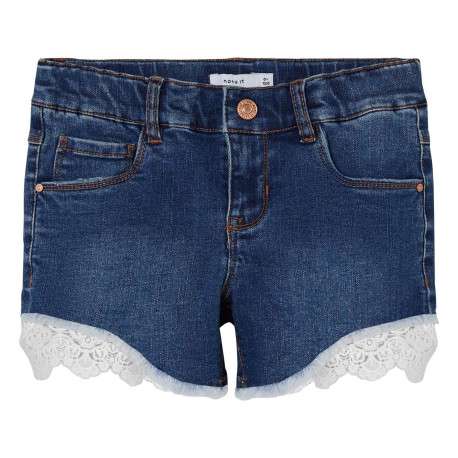 Short en coton mélangé indigo uni avec une coupe droite et de la dentelle