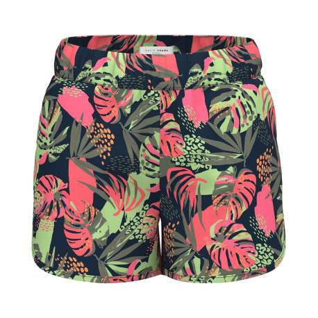 Short marine imprimé avec des feuilles à coupe droite et taille élastiquée
