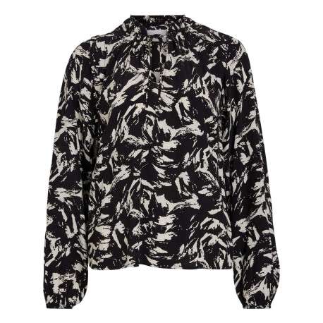 Chemisier noir imprimé abstrait avec une coupe loose fit et un col ruffle