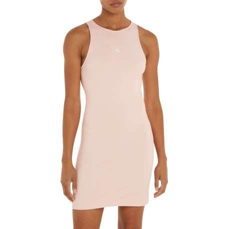 Robe courte rose unie avec une coupe près du corps un col rond et sans manches - Image 2