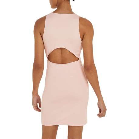 Robe courte rose unie avec une coupe près du corps un col rond et sans manches - Image 3