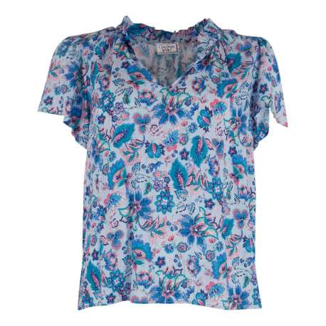 Blouse bleue imprimée de fleurs avec un col italien et des manches courtes