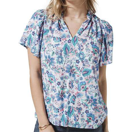 Blouse bleue imprimée de fleurs avec un col italien et des manches courtes - Image 2