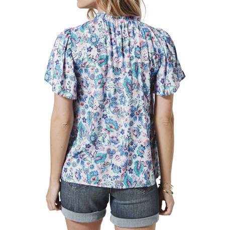 Blouse bleue imprimée de fleurs avec un col italien et des manches courtes - Image 3