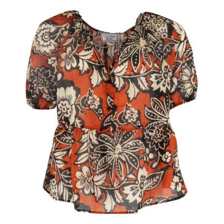 Blouse en coton camel imprimée de fleurs avec un col v et manches courtes