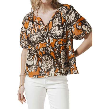 Blouse en coton camel imprimée de fleurs avec un col v et manches courtes - Image 2