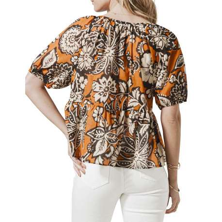 Blouse en coton camel imprimée de fleurs avec un col v et manches courtes - Image 3