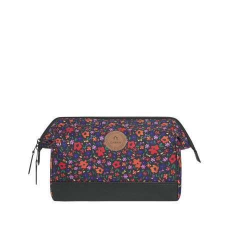 Trousse de toilette noire fleurie et à fermeture zippée double tirette