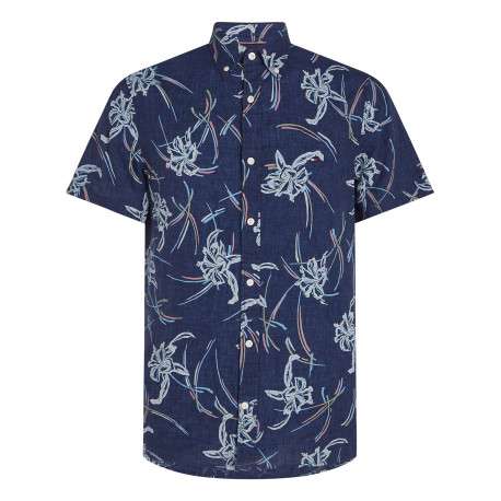 Chemise en lin marine fleurie avec une coupe slim et un col anglais