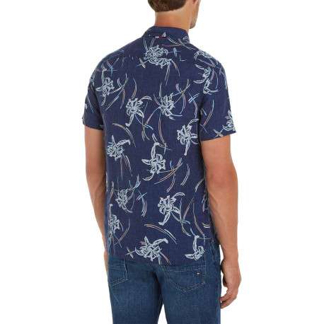 Chemise en lin marine fleurie avec une coupe slim et un col anglais - Image 3
