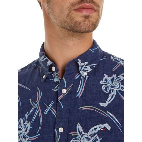 Chemise en lin marine fleurie avec une coupe slim et un col anglais - Image 4