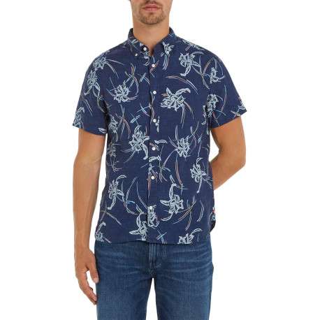 Chemise en lin marine fleurie avec une coupe slim et un col anglais - Image 6