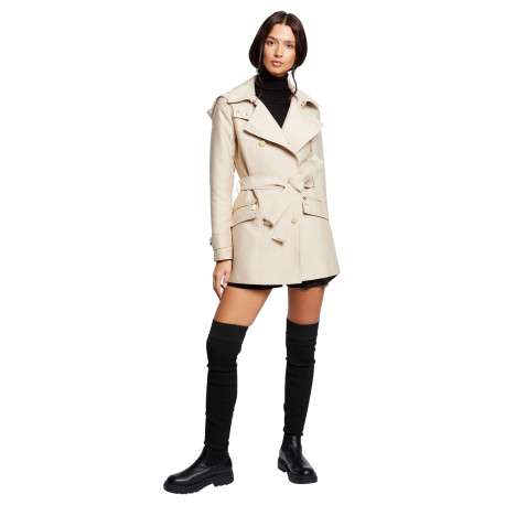 Trench coat beige uni avec une coupe droite et un col à capuche - Image 8
