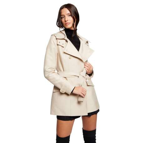 Trench coat beige uni avec une coupe droite et un col à capuche - Image 9