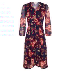 Robe longue marine fleurie à coupe ajustée col v et à manches longues