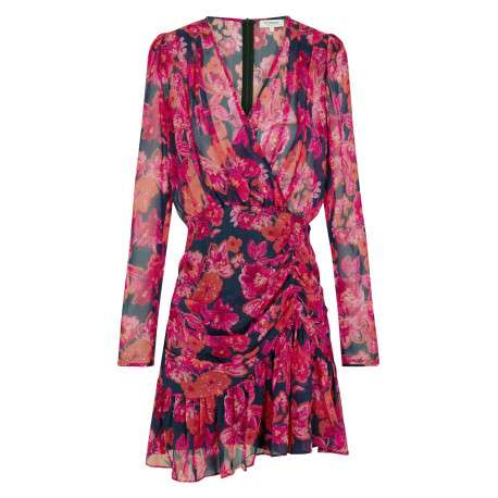 Robe courte rouge fleurie à coupe ajustée col cache-cœur et à manches longues