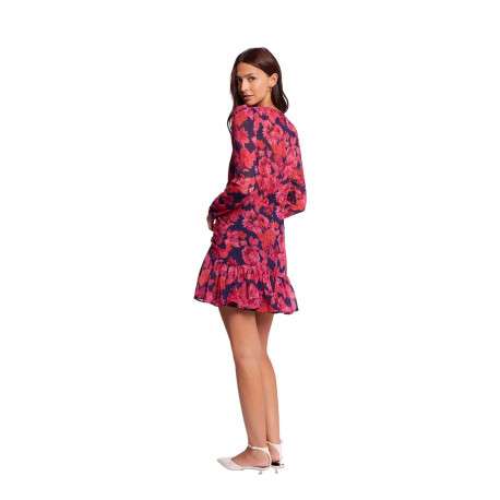 Robe courte rouge fleurie à coupe ajustée col cache-cœur et à manches longues - Image 4