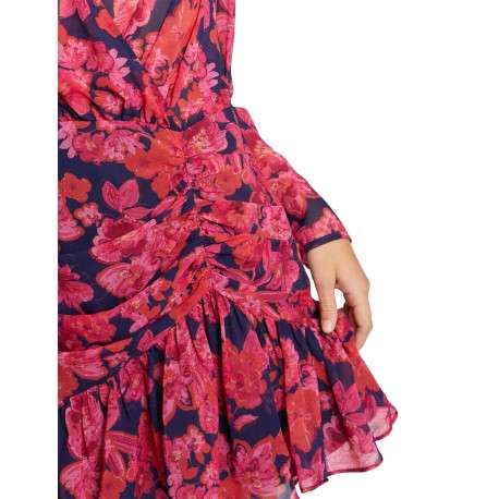 Robe courte rouge fleurie à coupe ajustée col cache-cœur et à manches longues - Image 5