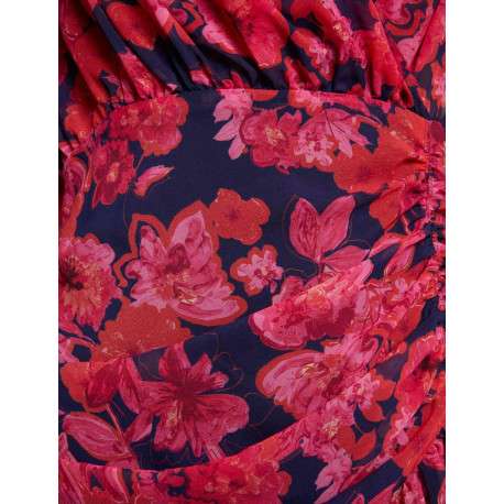 Robe courte rouge fleurie à coupe ajustée col cache-cœur et à manches longues - Image 6