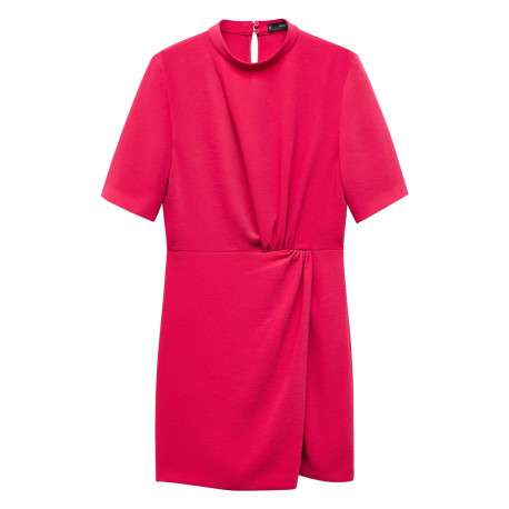 Robe courte fuchsia avec coupe fluide col montant et à manches courtes