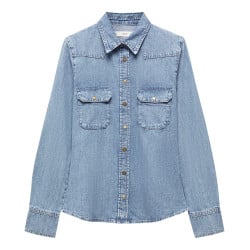 Chemisier en coton jean délavé avec une coupe ajustée et un col français