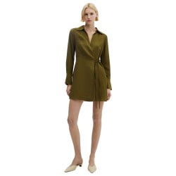 Robe courte kaki avec coupe portefeuille col v à revers et à manches longues