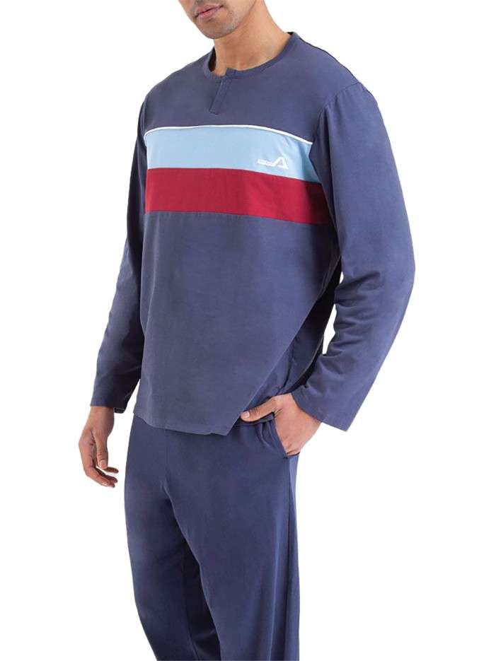 JACK & JONES Pyjama Long Coton Marine Uni - Coupe Fermée Col Rond Confortable